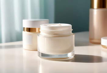 Luxurious skincare cream jar on elegant vanity table.