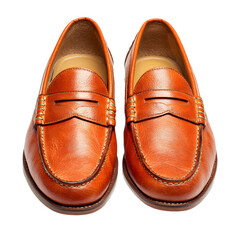 Stylish Orange Leather Penny Loafers Isolated on White Background