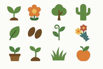 Colorful plant and nature icons including trees, flowers, and fruits