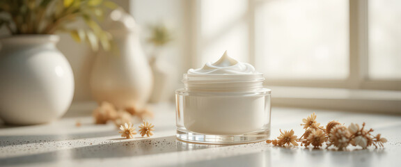 Luxurious cream jar on a sunlit table.