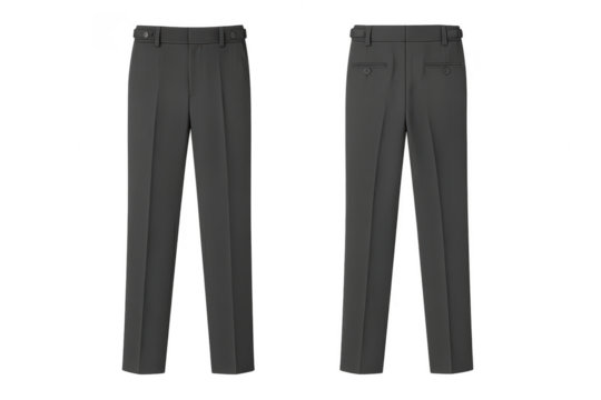 Dark gray trousers, isolated on transparent background, front and back.