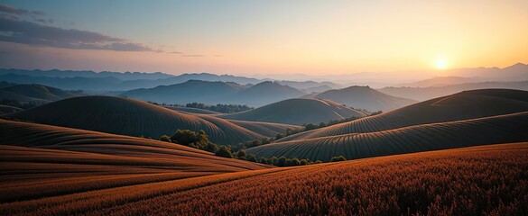 Sunrise over sculpted hill ranges with long farm ridges and warm light on sweeping valleys and slopes