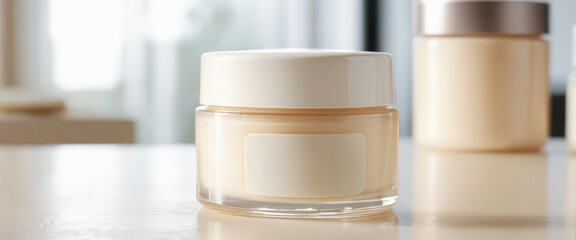 Minimalist cosmetic cream jar on bright background.