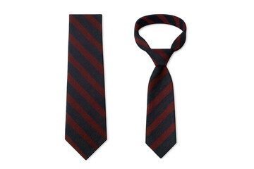 Two elegant striped men's ties, one knotted, isolated on transparent background