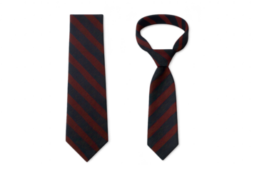 Two elegant striped men's ties, one knotted, isolated on transparent background