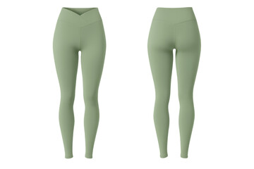 Isolated green yoga leggings, front and back, transparent background