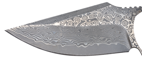 A knife blade with the characteristic wavy and ringed pattern typical of Damascus steel.