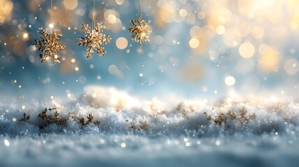 Golden snowflakes falling on snowy background, sparkling winter holiday scene with bokeh lights, festive Christmas and New Year decoration concept