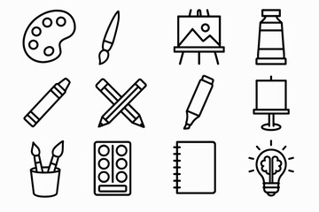 Fototapeta premium Art supplies icons set including palette, brushes, easel, paint tube, and more