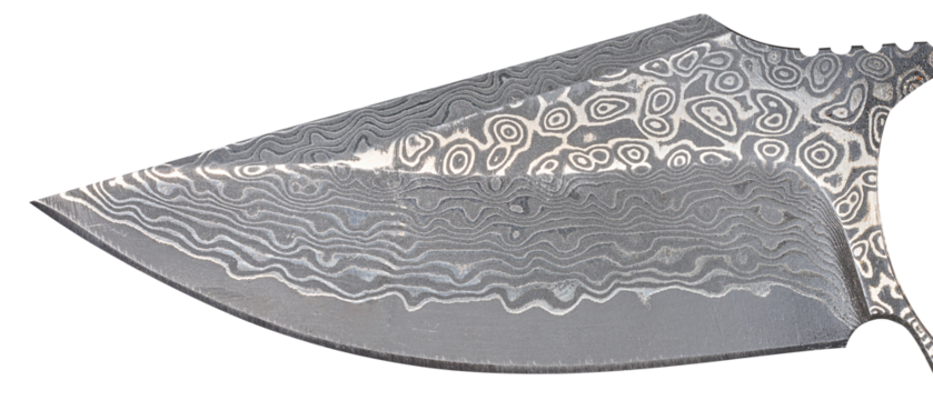 A knife blade with the characteristic wavy and ringed pattern typical of Damascus steel.