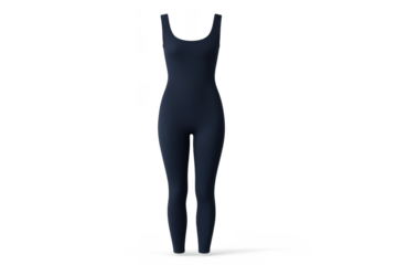Sleek dark blue sleeveless bodysuit isolated on a transparent background, minimalist.