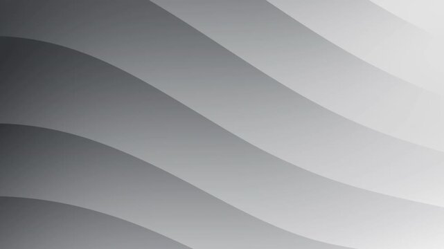 Monochrome abstract waves cascade across the frame, layered curves in soft gray gradients, serene..