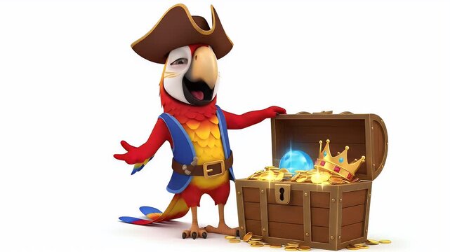 Cartoon parrot pirate character with treasure chest filled with gold coins jewel and crown on a bright white background with a playful whimsical setting