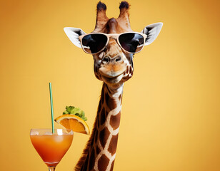 Portrait of giraffe in sunglasses with cocktail, portrait of a giraffe, giraffe close up