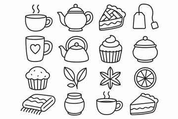 Tea and pastry icons: teapots, cups, slices of pie, muffins, and floral elements