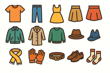 Colorful clothing icons set: shirts, dresses, hats, shoes, accessories
