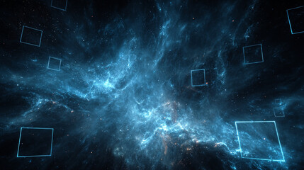 Dark blue space background with floating frames, creating a futuristic, digital, and immersive visual atmosphere with depth and modern abstract aesthetics