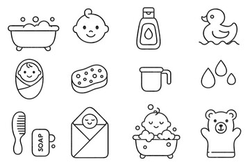 Cute baby bath icons: bathtub, shampoo, rubber duck, sponge, bear
