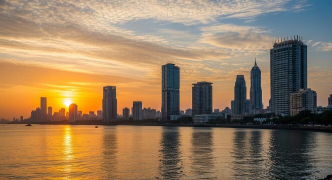 Golden Sunset Glow over Mumbais Nariman Point Skyline and its Reflection on the Arabian Sea.