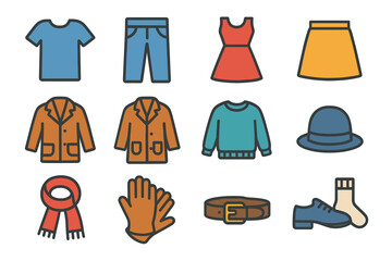Colorful clothing icons: shirt, pants, dress, skirt, jacket, sweater, hat, scarf, gloves, belt, shoes, socks