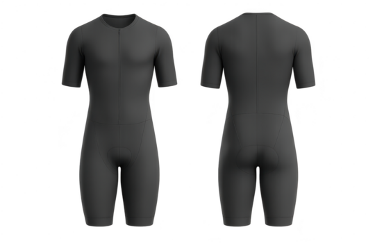 Dark grey cycling skinsuit, front and back views, isolated on transparent background