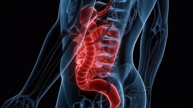 Medical illustration of human digestive system vibrant red organs illuminated with artistic detail set against a dark contrasting background showcasing anatomical precision