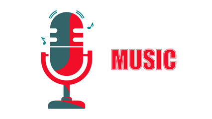 Flat design illustration of a retro microphone with music notes and bold MUSIC text, perfect for music, podcast, and broadcasting themes.