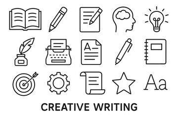 Fototapeta premium Creative writing tools and symbols in simple line art style