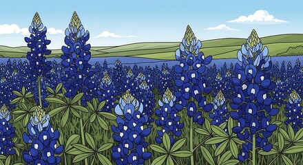 Texas Bluebonnets Landscape - A Field of Wildflowers in Bloom.