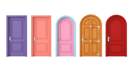 A collection of five colorful doors of various styles and colors, isolated on transparent background