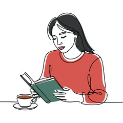 Continuous Simple black line art drawing of a woman reading a book with tea in a minimalist style on a white background.