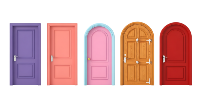 A collection of five colorful doors of various styles and colors, isolated on transparent background