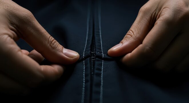 Human hands gently grip and position a zipper on a dark navy garment, showcasing the detail of the stitching and the texture of the fabric with focus on the clothing