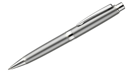 A sleek, modern silver ballpoint pen with a clip, isolated on a clean transparent background, perfect for writing and office supplies