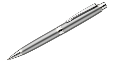A sleek, modern silver ballpoint pen with a clip, isolated on a clean transparent background, perfect for writing and office supplies