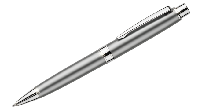A sleek, modern silver ballpoint pen with a clip, isolated on a clean transparent background, perfect for writing and office supplies - Powered by Adobe