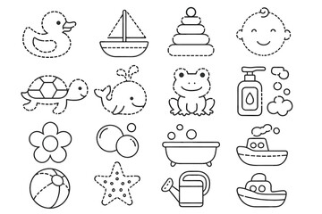 Outline icons of baby toys and bath items for kids
