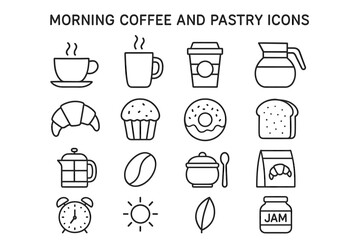 Morning coffee and pastry icons: cups, croissant, muffin, donut, bread, jam jar, coffee pot, alarm clock