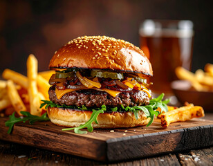 Juicy Gourmet Burger With Cheddar, Caramelized Onions, Greens, And Sesame Bun On Wooden Board

