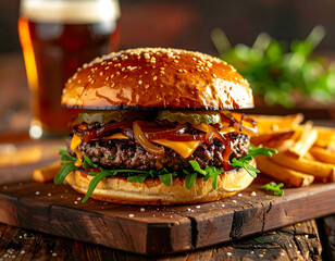 Juicy Gourmet Burger With Cheddar, Caramelized Onions, Greens, And Sesame Bun On Wooden Board

