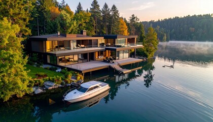 Obraz premium Lakeside Modern Home with Boat, home sits peacefully on the edge of a serene lake