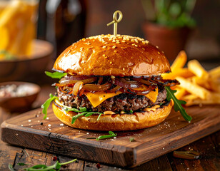 Juicy Gourmet Burger With Cheddar, Caramelized Onions, Greens, And Sesame Bun On Wooden Board

