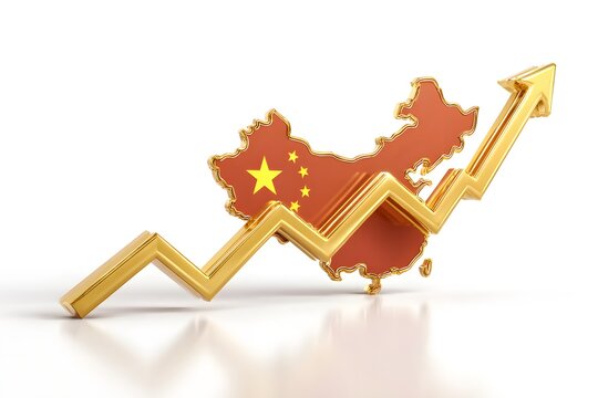 China economic growth concept with upward arrow and national flag map, financial success and business progress background design illustration