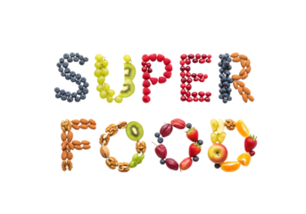 Superfood text made from various fruits and nuts isolated on transparent background
