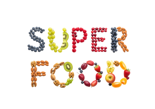 Superfood text made from various fruits and nuts isolated on transparent background