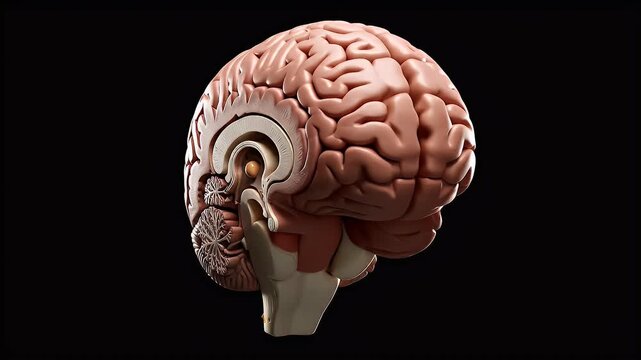 Detailed human brain model showcasing anatomical structures with a cross sectional view against a dark solid black background rich textures and neutral colors