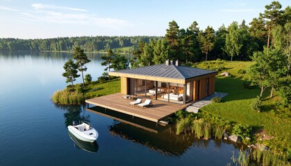 Obraz premium Lakeside Modern Home with Boat, home sits peacefully on the edge of a serene lake