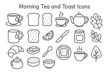 Minimalistic morning tea and toast outline icons
