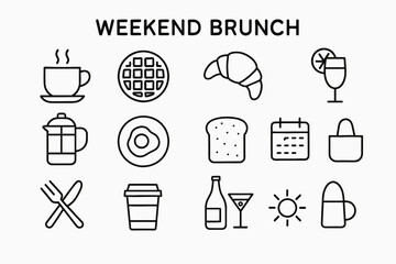 Weekend brunch icons: coffee, waffles, croissant, and more