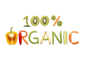 The word organic spelled out with fresh fruits and vegetables, including kiwi, carrot, bell pepper, chili, green beans, and orange slices isolated on transparent background
